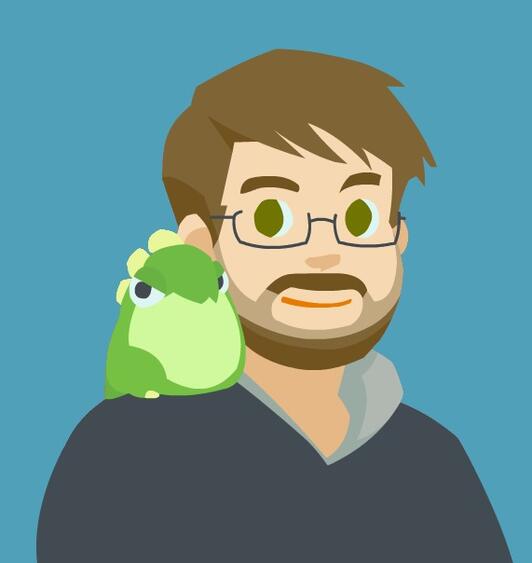 Peter with a dinosaur on his shoulder